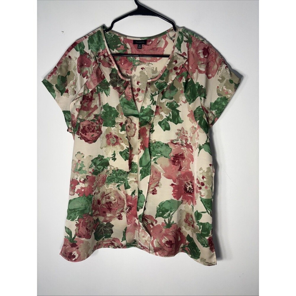 TALBOTS Women's Talbots Pink Floral Ruffle Design Short Sleeve Blouse/top Sz 16